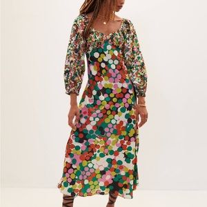 Anthropologie Porridge Polka Dot Big Floral Puff-Sleeved Maxi Dress L